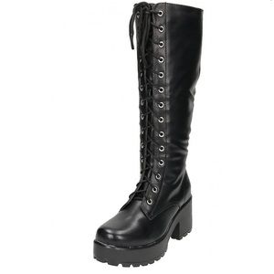 Black Chunky Heel Platform Gothic Punk Knee High Mid Combat Lace Up Boots